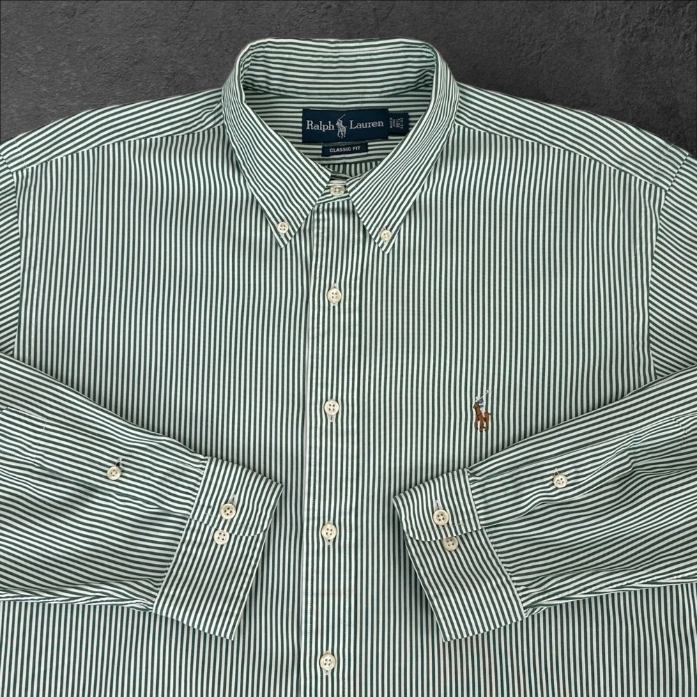 Ralph Lauren Shirt Mens 16.5 32/33 Green Striped Long Sl 100% Cotton Flesh Pony - Picture 4 of 7